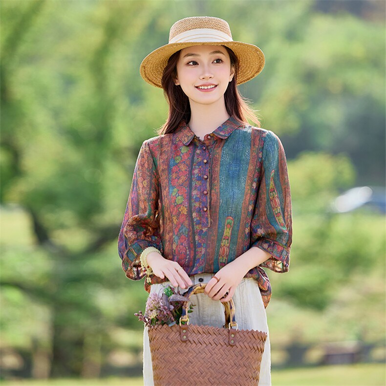 2026年夏季女短袖宽松苎麻常规文艺/优雅,女装衬衫,江南依恋