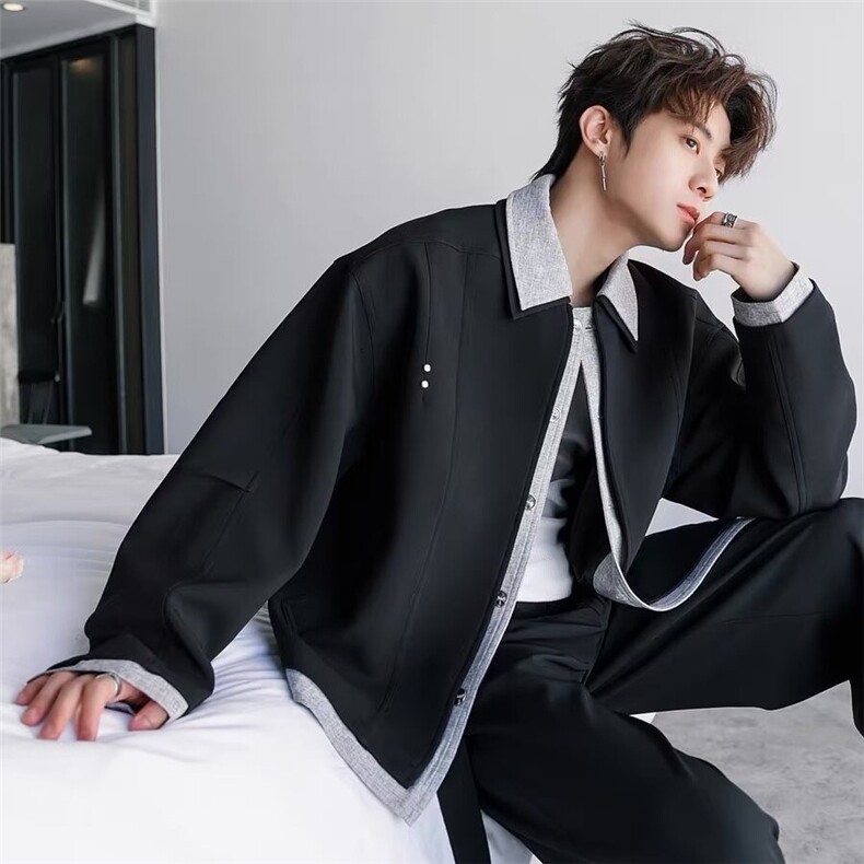 JY0905-P73高街褶皱翻领运动夹克男女春秋宽松休闲百搭肌理感外套，男装夹克，电商C233