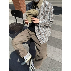 春秋季灯芯绒领口拼接美式复古做旧长袖衬衫男女小众休闲百搭衬衣，男装衬衫，四季星座505