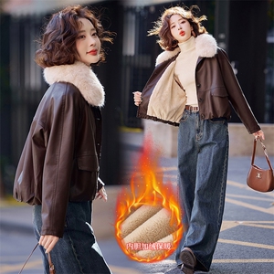 [2024冬季女装新款】时尚优雅韩版可脱卸毛领加绒款皮衣皮棉图片