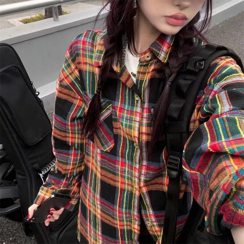 复古格子长袖衬衫外套女春季韩版小个子中长款宽松衬衣别致上衣图片