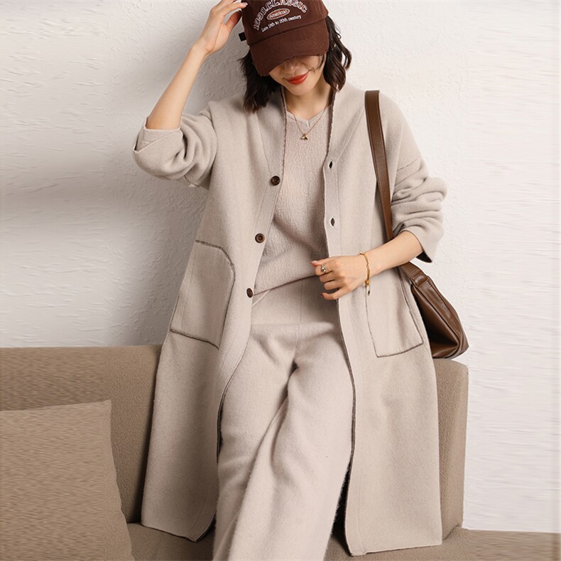翻领单排扣精致百搭纯色时尚开衫羊绒大衣，女装羊绒大衣，五色羊羊绒