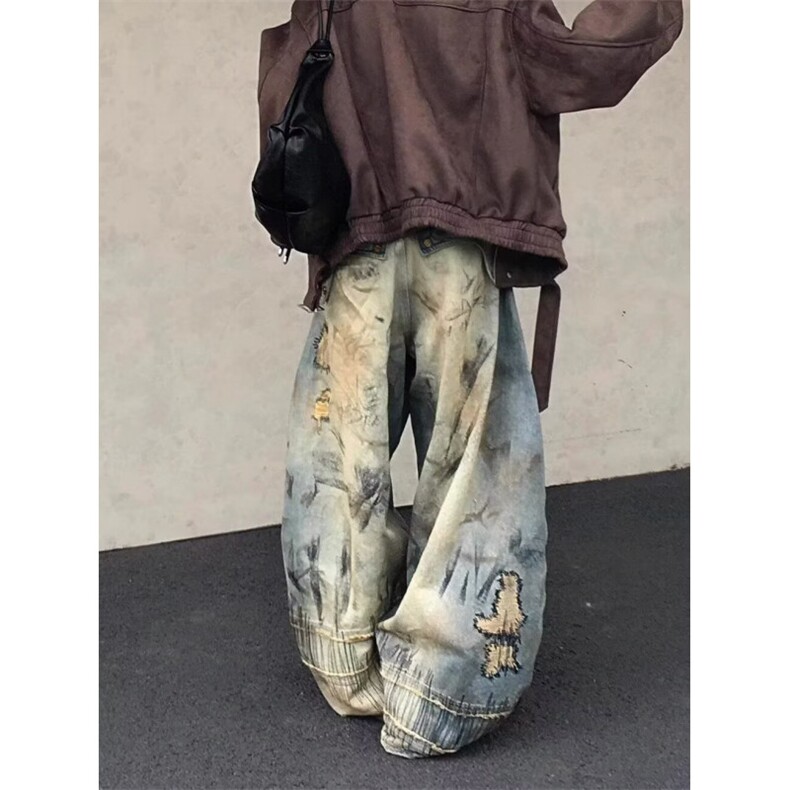 AK1803-P93美式复古街头宽松乱针刺绣阔腿弯刀牛仔裤,男装牛仔裤,星座617A-2