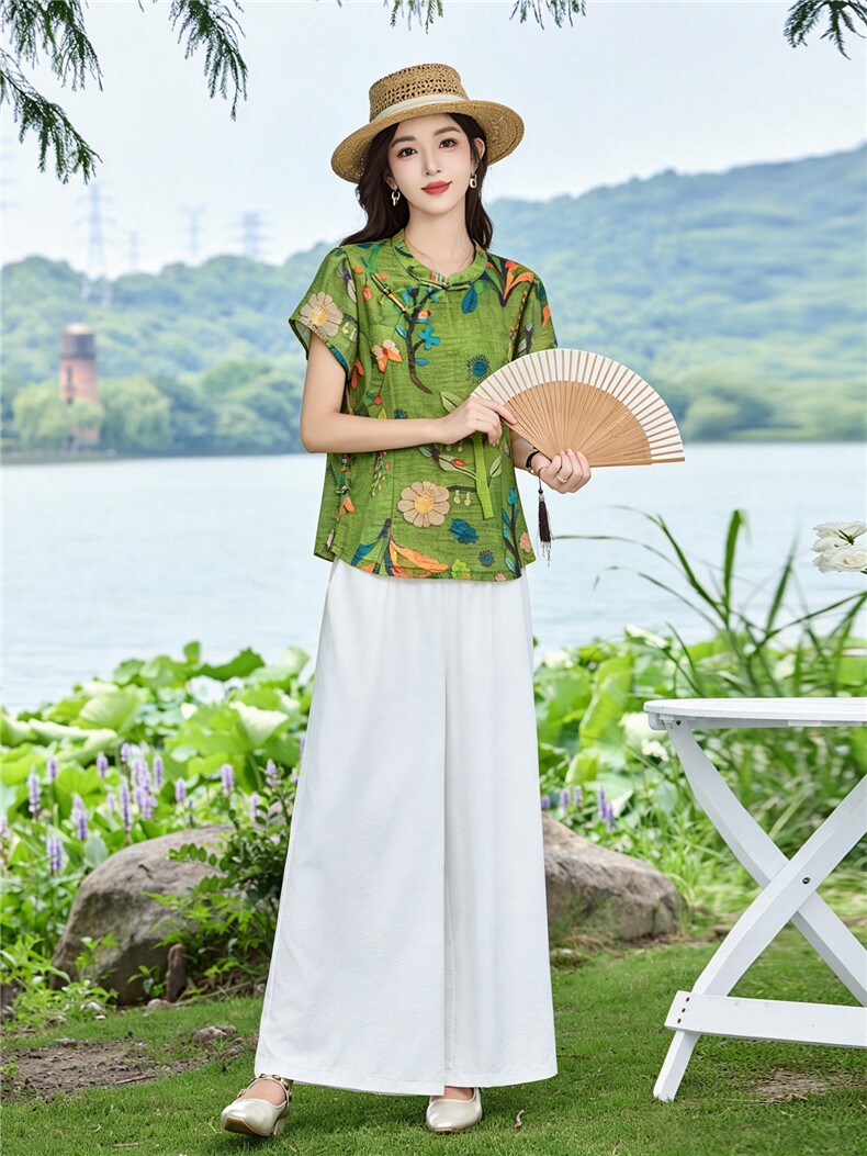 现货！夏季套装2026新款松弛感新中式盘扣上衣服女两件套端庄大气,女装套装/套裙,衣之秀