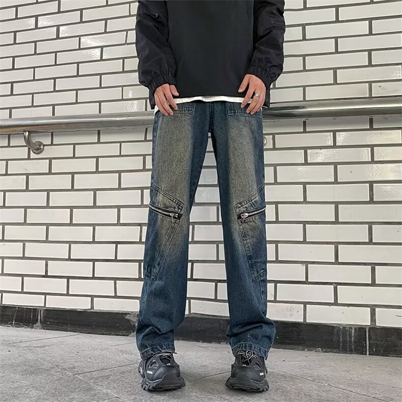 美式复古黄泥工装牛仔裤秋季高街裤子小众设计感潮牌直筒裤K8650,男装牛仔裤,星座601-2