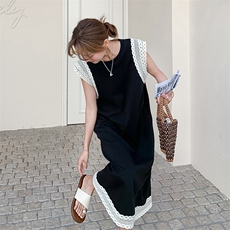 高级感蕾丝拼接连衣裙女夏季2025新款小个子独特绝美超好看小黑裙，女装连衣裙，2D080
