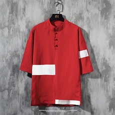 夏季民族风套头休闲时尚男拼接都市大码宽松短袖t恤唐装盘扣男装，男装T恤，电商A011（原4039）