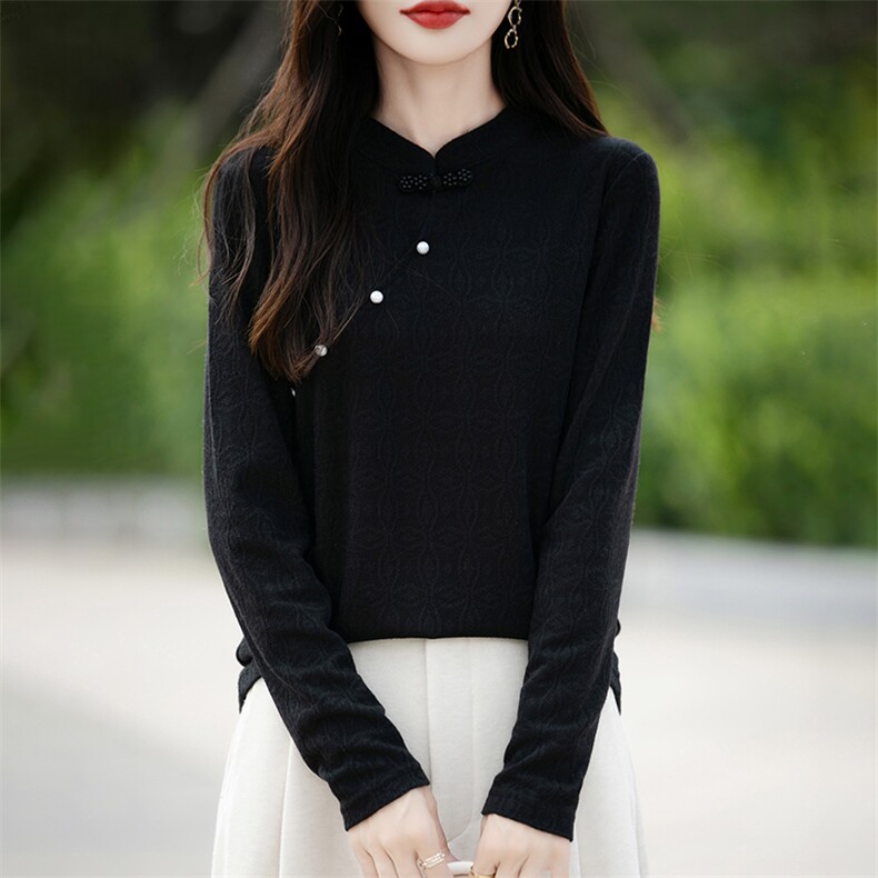 女士秋冬针织衫打底简约中式优雅珍珠装饰长袖毛衣,针织衫/毛衣,绒宛羊绒
