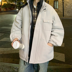 EQ158 纯色拼接连帽呢料大衣外套男2024新款韩版纯色冬季加厚棉衣图片