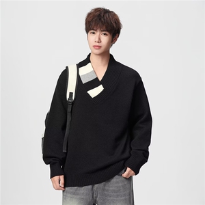 1506/QMY3060/P62设计感围巾潮牌痞帅青少年学生加厚保暖红色线衣图片