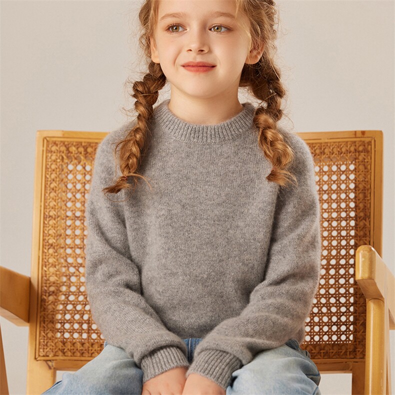 2024秋冬新款童装35%山羊绒7针插肩纯色圆领羊绒衫，童装儿童羊绒衫，旭泰羊绒