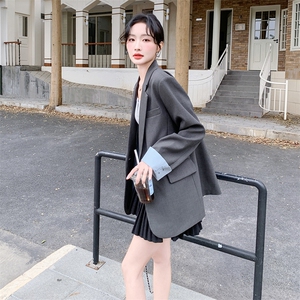 灰色英伦风西装外套女2025春季新款今年流行拼色宽松百搭西服上衣图片