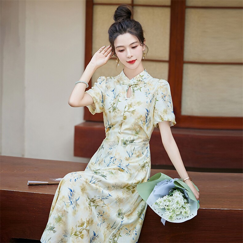 2024年夏季新款新中式改良旗袍盘扣印花连衣裙修身裙子,女装连衣裙,奕薇雅
