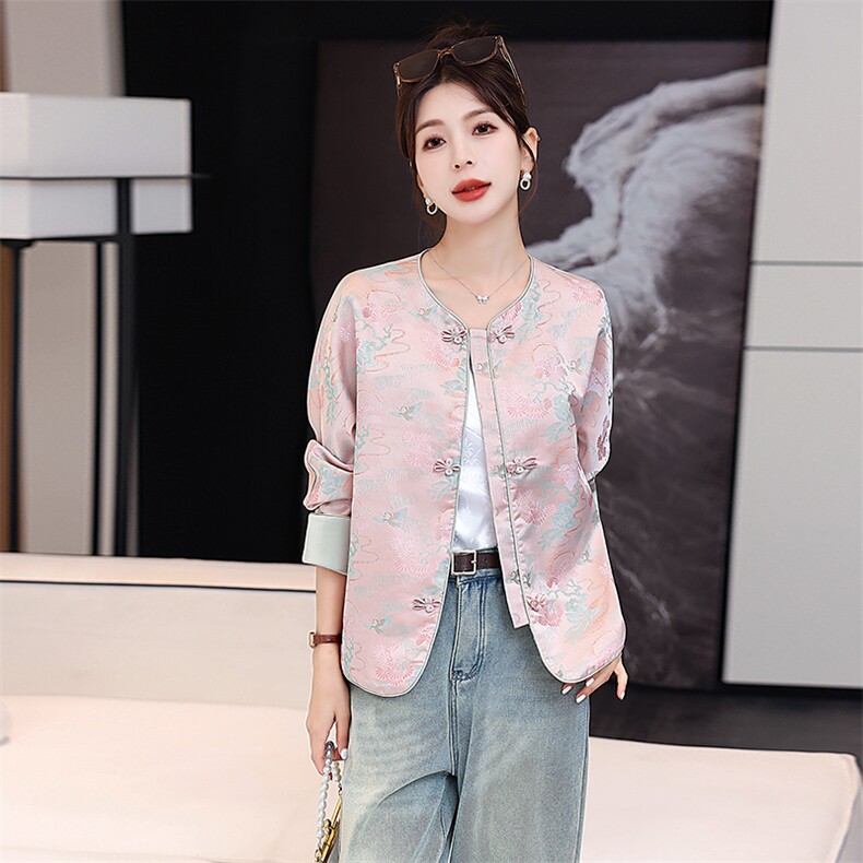 闺舍新中式风外套女装2025春秋新款小个子提花复古盘扣唐装上衣,女装短外套,天丽