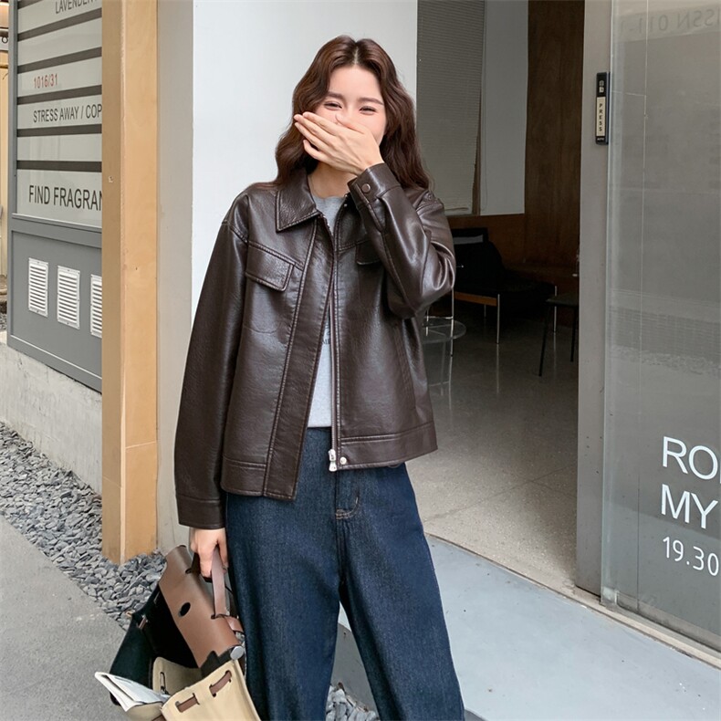 复古日系咖色翻领皮衣外套女2025秋季高级感流行爆款酷飒pu皮夹克,女装皮衣,2C258