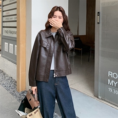 复古日系咖色翻领皮衣外套女2025秋季高级感流行爆款酷飒pu皮夹克，女装皮衣，2C258