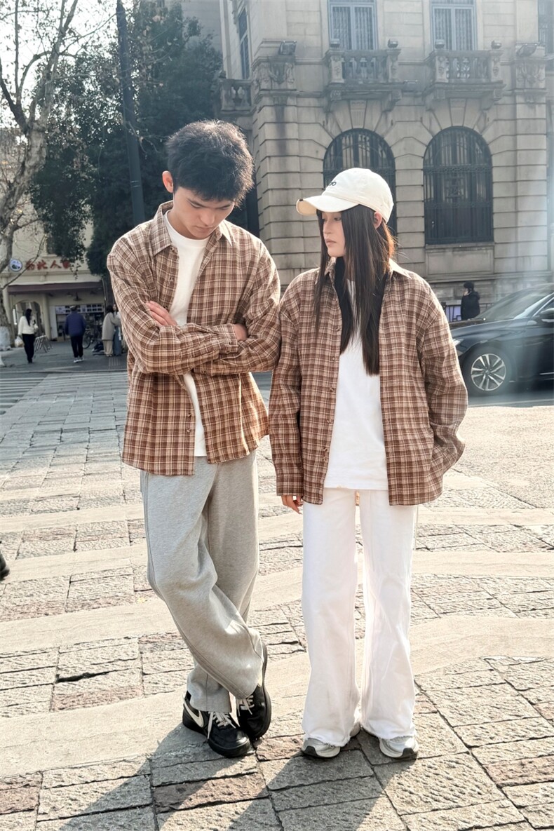春季新款现货（跨境电商）格子男女情侣款潮流宽松格纹衬衣,男装衬衫,星座1107-1