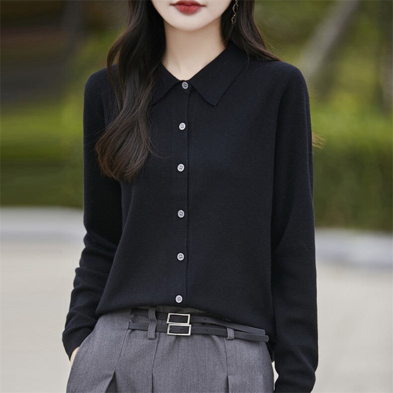 精纺羊毛翻领开衫-,女装T恤,暖娇绒包芯纱店