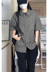 复古格子短袖衬衫男宽松高级感学院风情侣衬衣DC2228-特价P29，男装T恤，电商A007