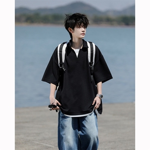 8XL-M假两件V领短袖t恤男夏翻领半袖宽松重磅华夫格大码DT001P40图片