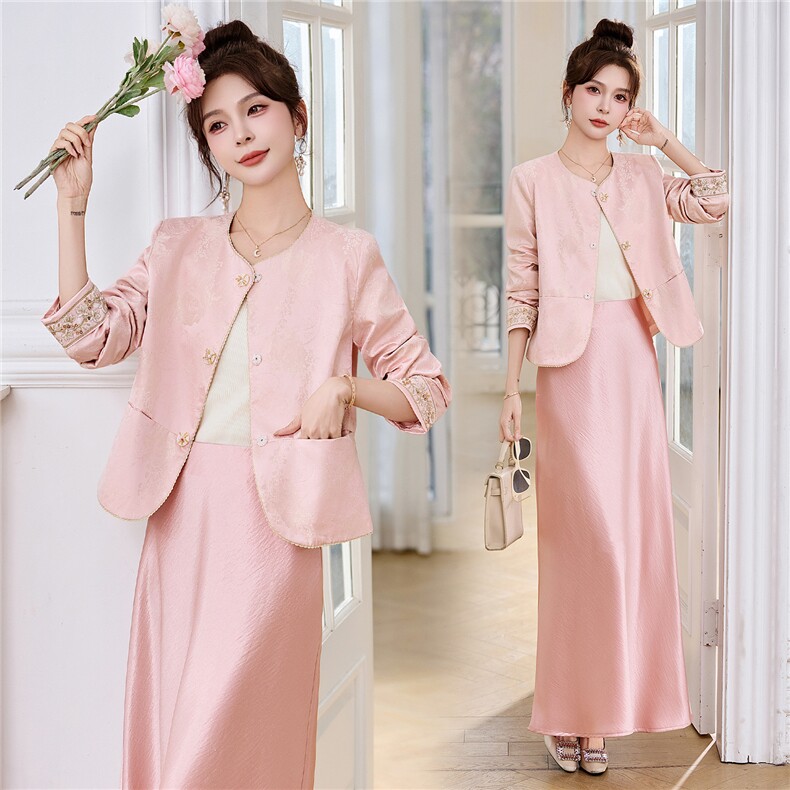 新中式G风套装女2026春新款优雅时尚复古盘扣刺绣文艺范两件套裙，女装套装/套裙，时尚俏佳人