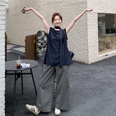 轻熟穿搭无袖背心上衣套装女夏新款时尚洋气轻薄条纹阔腿裤两件套，女装套装/套裙，2C090