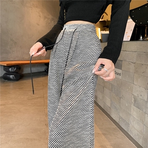 新款亮丝条纹阔腿裤女秋冬复古氛围慵懒小个子垂感针织休闲裤图片