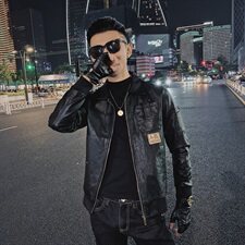 休闲修身翻领韩版机车服痞帅社会小伙水洗皮衣夹克D809-P118控148，男装皮衣，星座308A