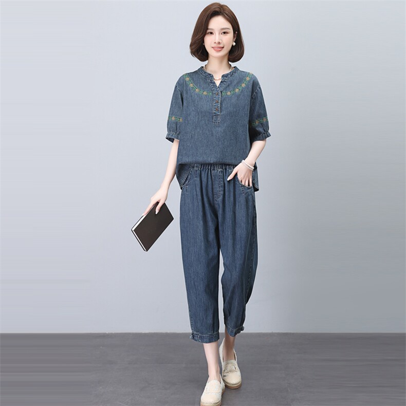 夏季薄款牛仔套装女2025新款时尚宽松中年妈妈显瘦洋气减龄两件套图片