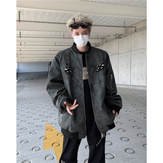 春秋美式蜘蛛刺绣pu皮夹克男女款拉链休闲宽松百搭街头棒球服外套，男装夹克，星座601-2