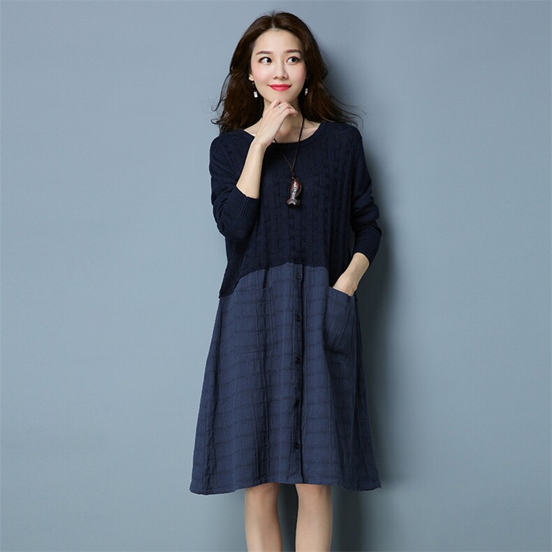 2020年冬季长袖中长款口袋拼接件套头通勤拼色针织衫/毛衣，女装针织衫/毛衣，独衣靓