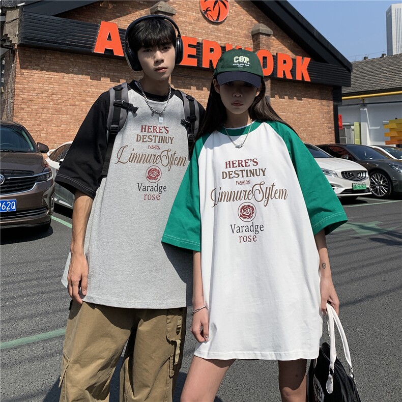 情侣装夏装拼接插肩袖情侣印花短袖T恤衫宽松上衣男G1053P35女,男装T恤,电商A339