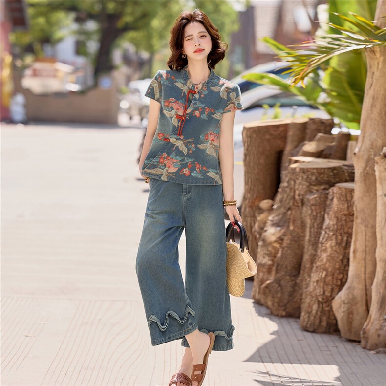 中式复古印花短袖上衣阔腿裤套装女夏两件套气质显瘦2026年夏季，女装套装/套裙，欣品汇