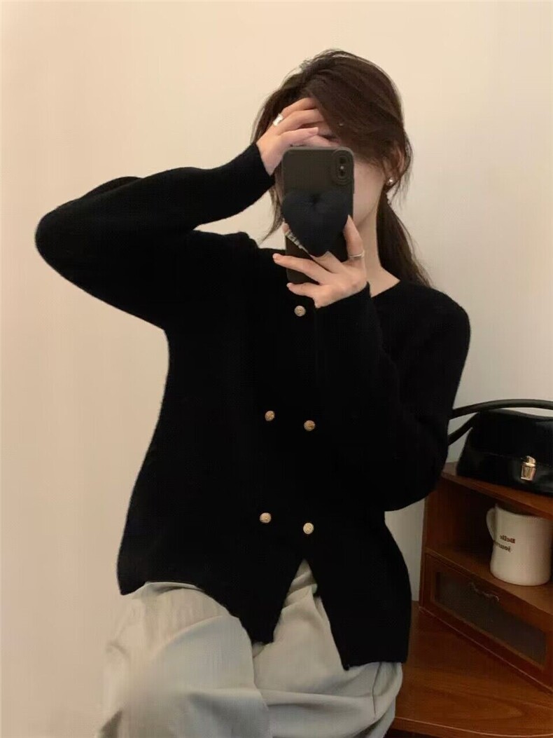 秋季新款显瘦纽扣开衫女针织衫优雅百搭长袖毛衣外套,女装羊毛衫,隆格羊绒