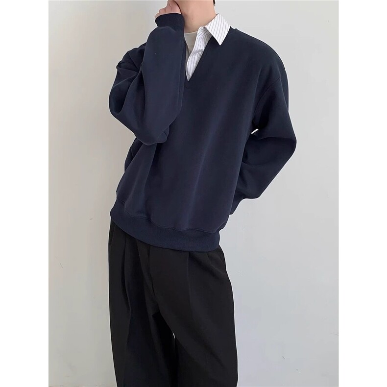 藏青色假两件polo领卫衣男款美式复古翻领长袖t恤cleanfit套头衫,男装卫衣,星座218-1（原230）