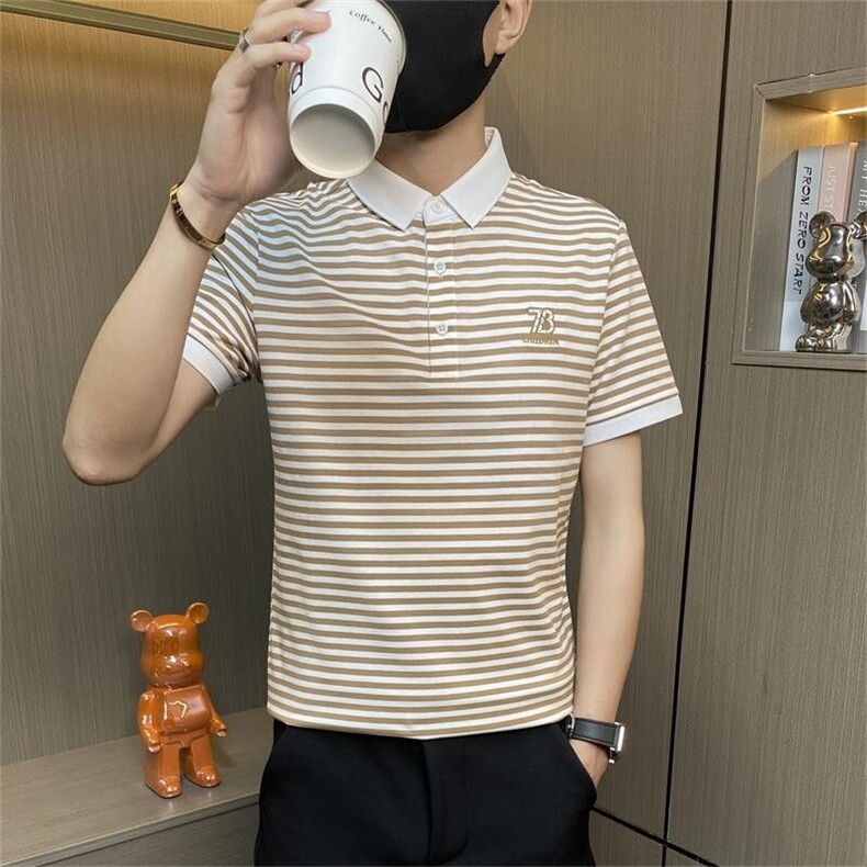 PL044-特P40社会小伙男士polo衫2025夏季商务衬衫领短袖t恤条纹,男装Polo衫,电商D310B
