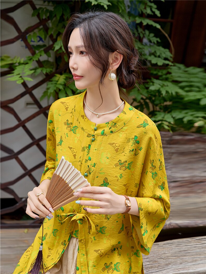 新中式印花宽松喇叭袖小衫配裙裤时尚气质两件套女,女装套装/套裙,水衣源