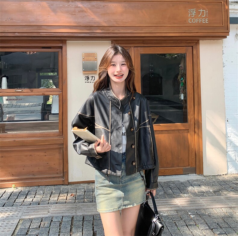 美拉德皮衣外套女小个子2024秋季新款美式复古棕色立领短款皮夹克,女装皮衣,纯色衣恋