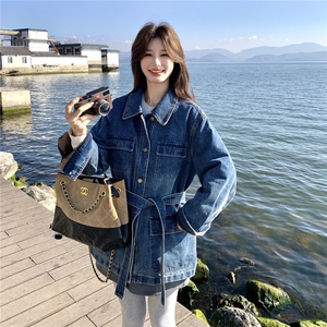 蓝色中长款系带收腰牛仔羽绒服女2025冬新款气质保暖90白鸭绒外套图片