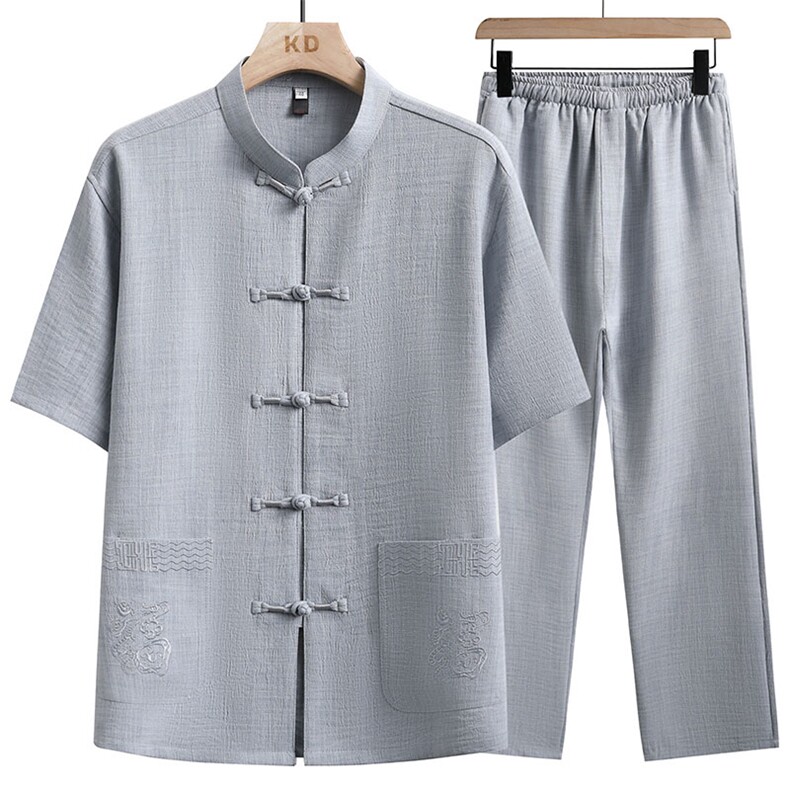 夏季复古唐装薄款风潮冰丝麻短袖复古立领套装TR2901-P100，男装休闲套装，星座1105-3