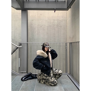 现货重磅boxy短款棉衣座山雕大毛毛领男女棉服水洗工装厚外套图片