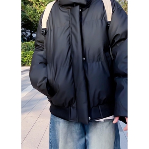 现货5W件冬季三防重磅boxy短款羽绒连帽PU皮棉衣外套防风加厚棉服图片