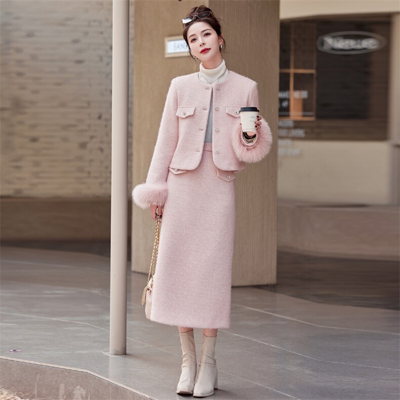 2023冬装女时尚潮流小香风羽绒服真狐狸袖毛白鸭绒套装,女装套装/套裙,艾贝斯