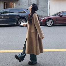 巴恩风撞色翻领双面羊绒大衣女2025冬季新款韩系复古宽松毛呢外套，女装毛呢外套，2C212