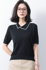 夏季不规则娃娃领针织短袖T恤女2025新设计感莱赛尔冰丝翻领小衫，女装T恤，冀清阳荣