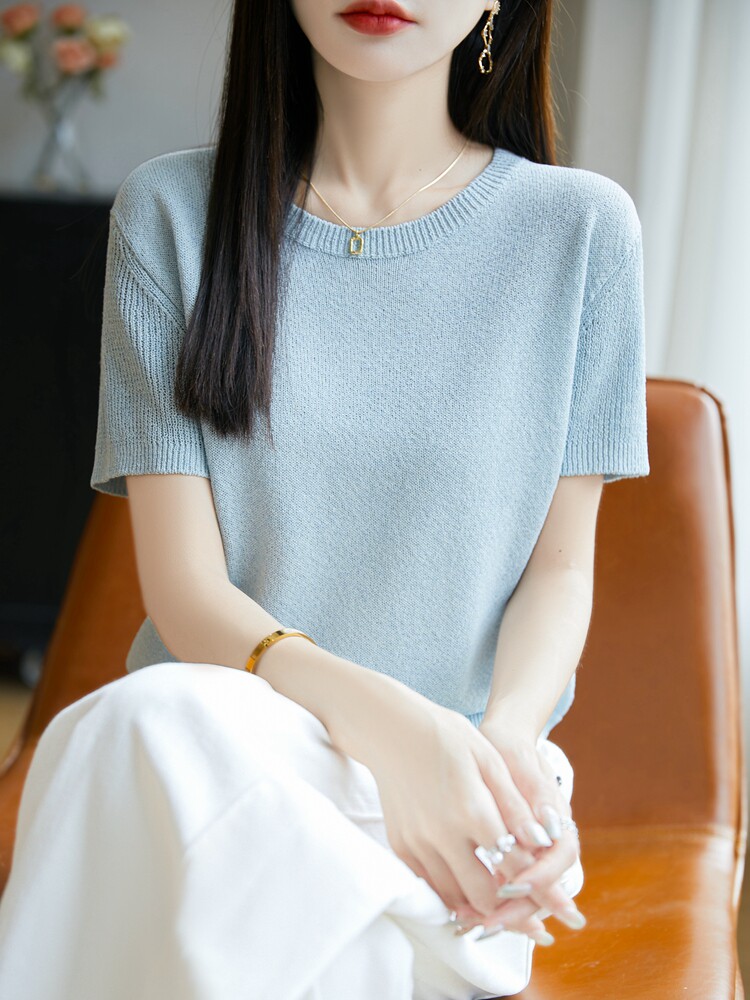 2025春夏新款圆领套头桑蚕丝短袖女纯色简约百搭亲肤透气休闲减龄,针织衫/毛衣,暖烁特种纱工厂店