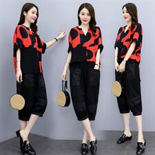休闲套装女2021夏季新款胖妹妹宽松显瘦七分裤两件套，女装套装/套裙，魅影
