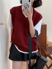 韩系极简风V领羊毛针织马甲女灰色无袖叠穿百搭显瘦秋冬坎肩背心，女装马甲，聚奥羊绒