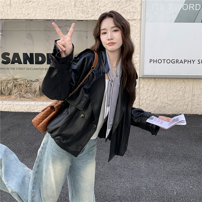 甜酷风黑色皮衣短外套女春秋2025新款爆款高级感PU夹克松弛感减龄,女装皮衣,2C057