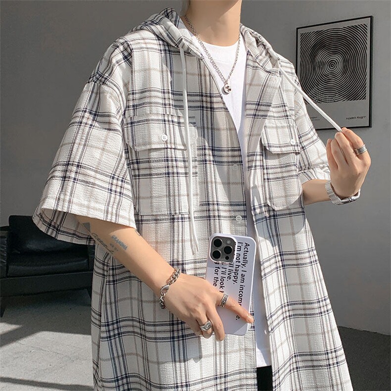 现货 T10118-特批42 控78 活力格子衬衫男女宽松T恤短袖连帽开衫图片